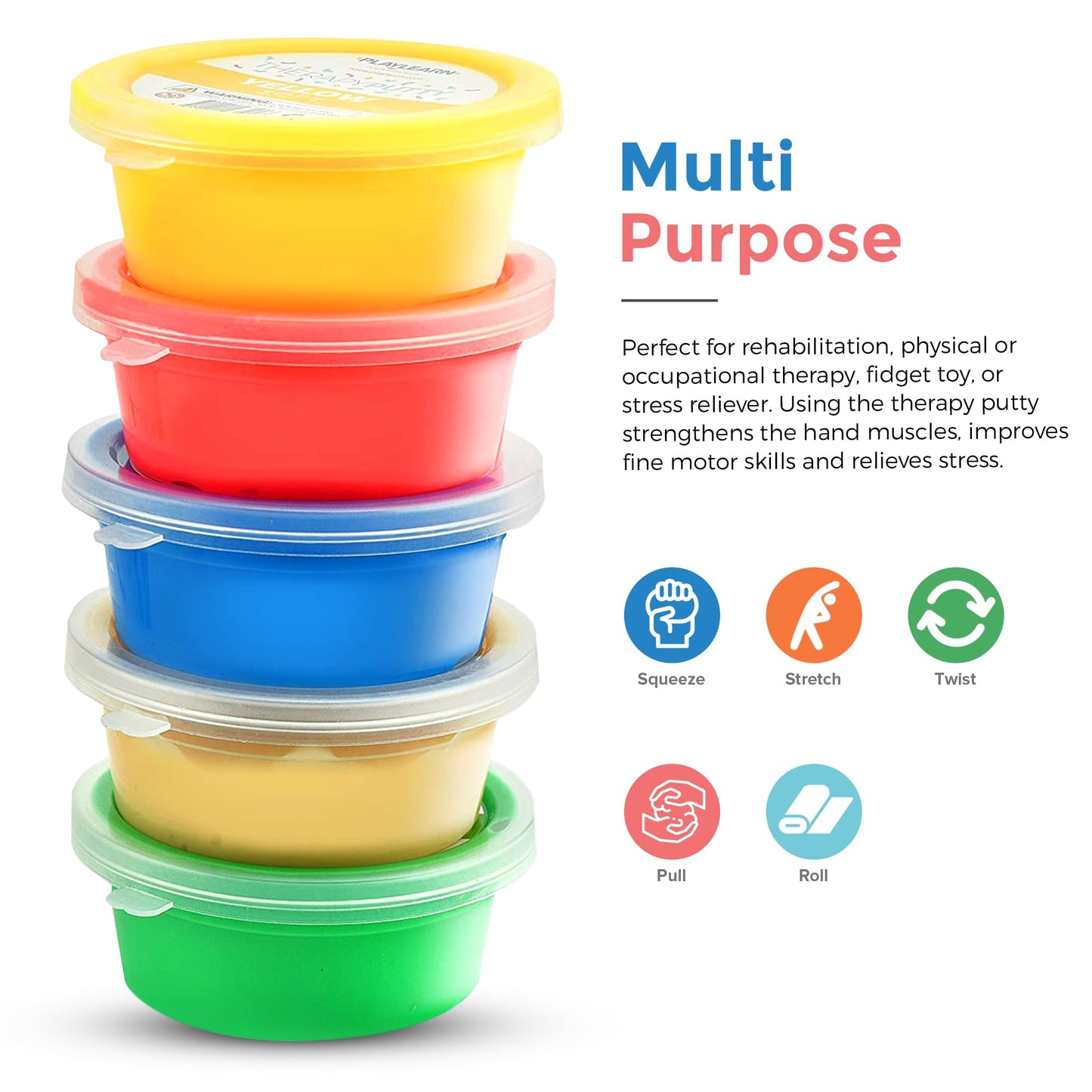 Playlearn Therapy Putty - 5 Strengths - for All Ages - Extra Soft to Firm