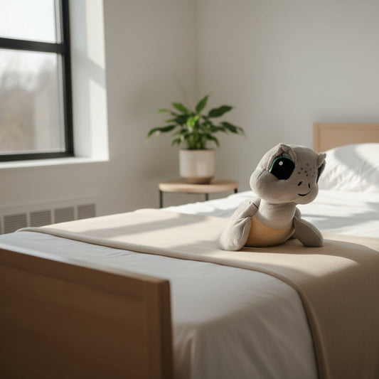 Plush weighted toy sitting on hospital bed