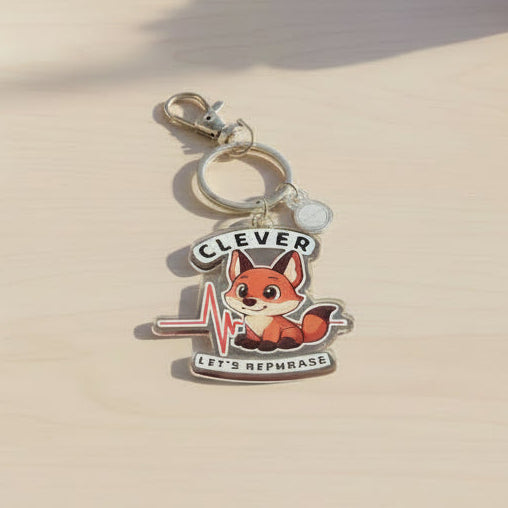 Keychain with the supportive little buddy fox design and text on physicians office desk