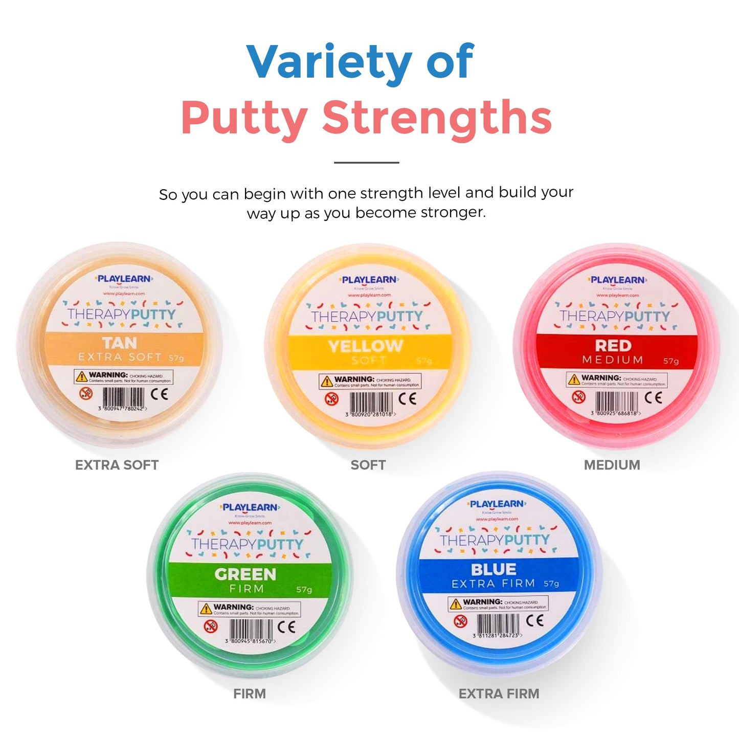 Playlearn Therapy Putty - 5 Strengths - for All Ages - Extra Soft to Firm