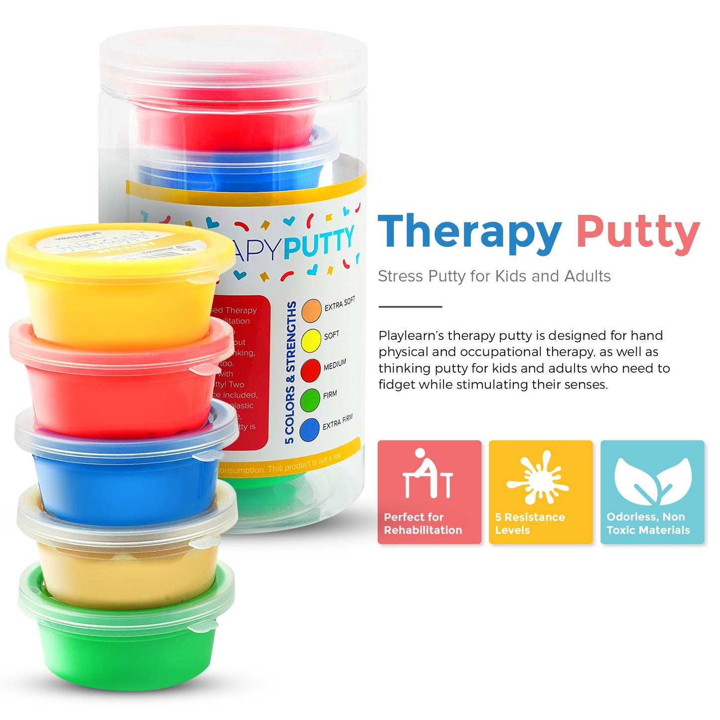 Playlearn Therapy Putty - 5 Strengths - for All Ages - Extra Soft to Firm