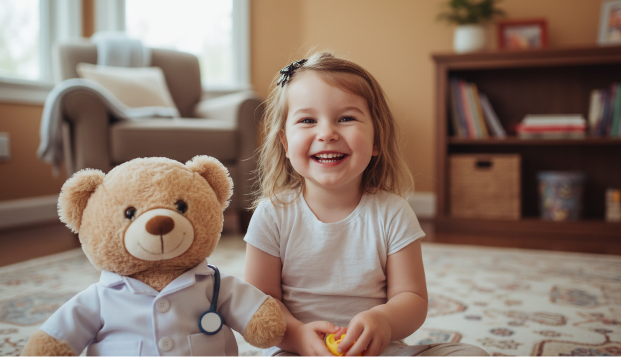 Child in a hospital setting with text 'Designed for clinic and hospital use, Supportive Little Buddy'.