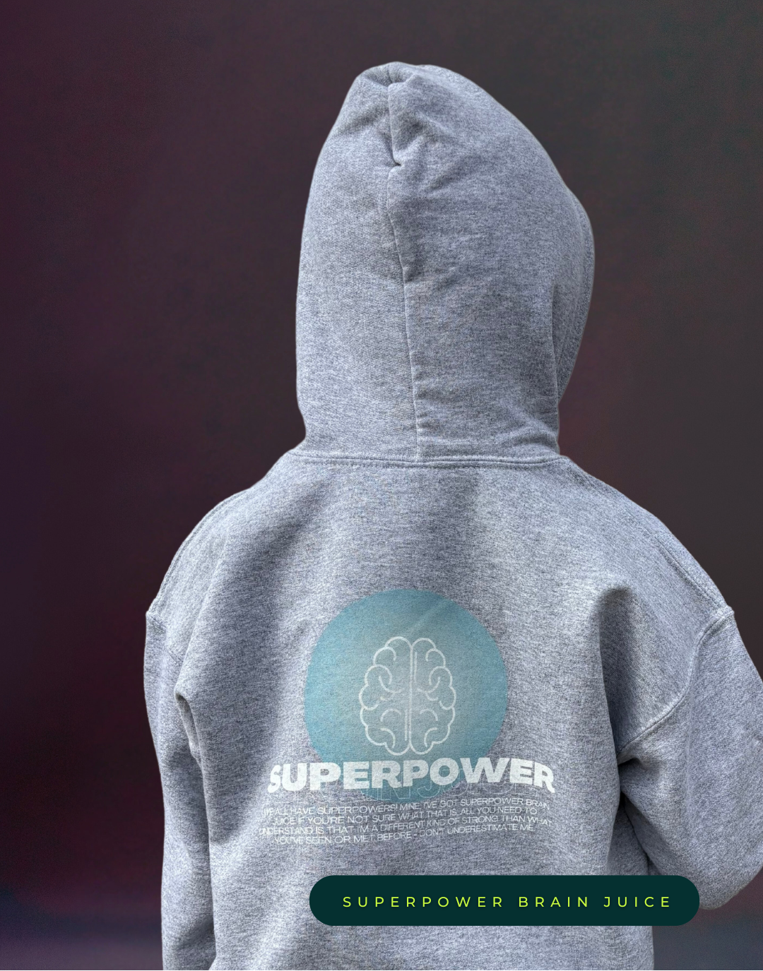 Person wearing a gray hoodie with 'Superpower' design on a dark background, featuring the brand 'Lakunakai'.