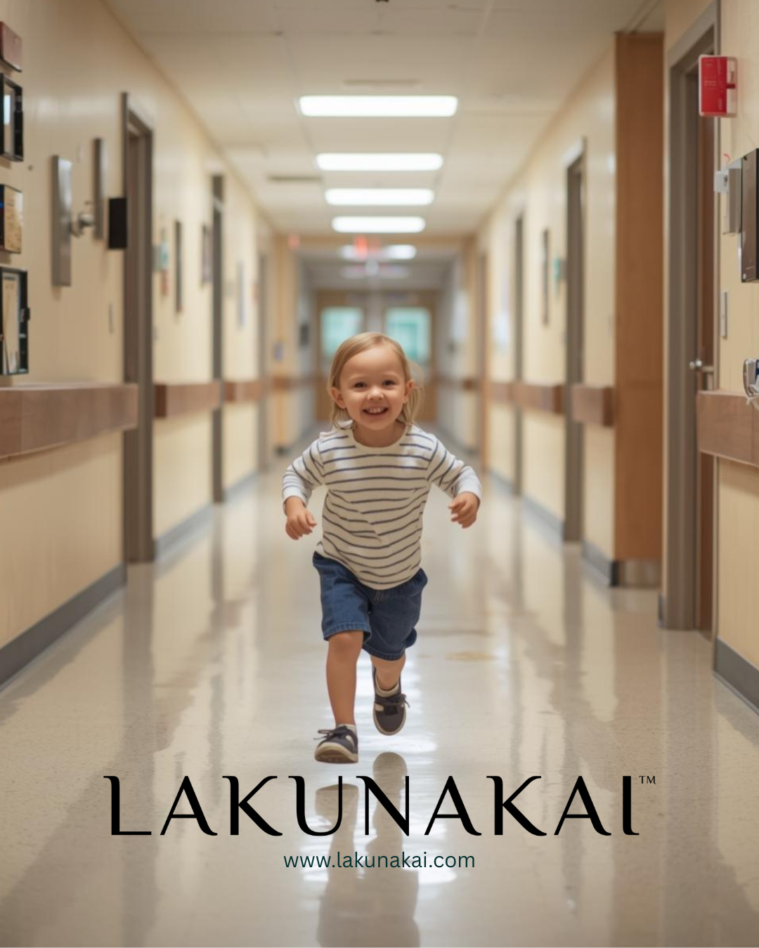 Child running down a hospital hallway with 'LAKUNAKAI' branding at the bottom.