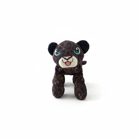 weighted supportive black leopard Plush on a textured white surface