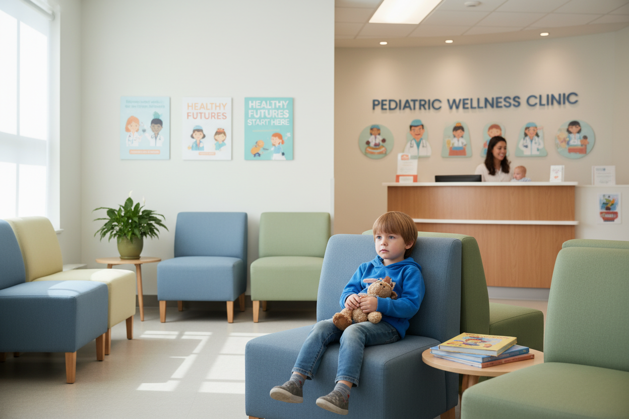 child in clinic setting waiting for appointment
