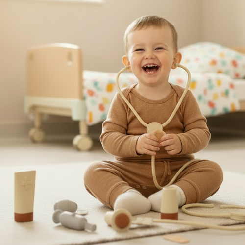 Children's playset with toys and accessories on a dark green background with 'play is healing' text.