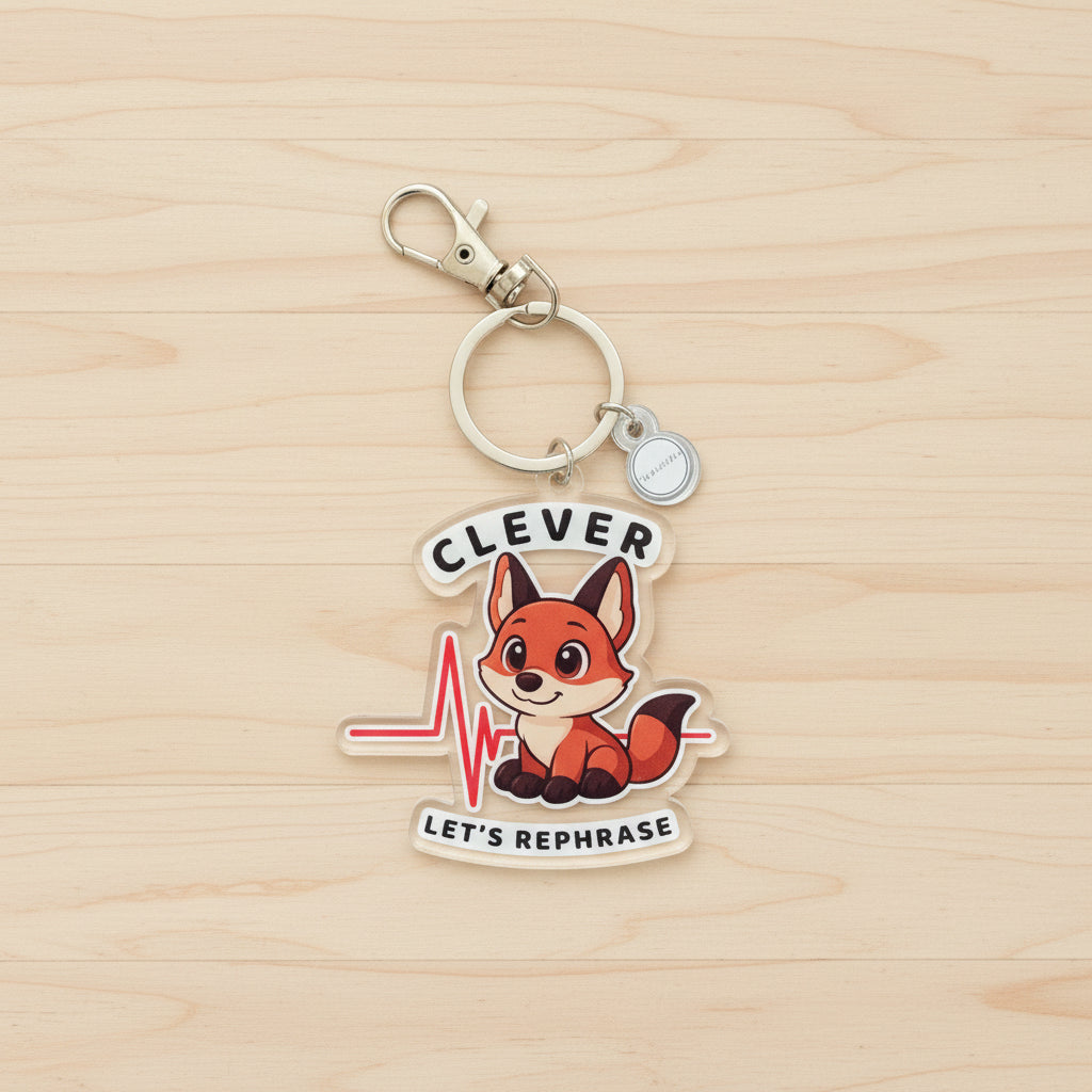 Keychain with a fox design and text on a wood background