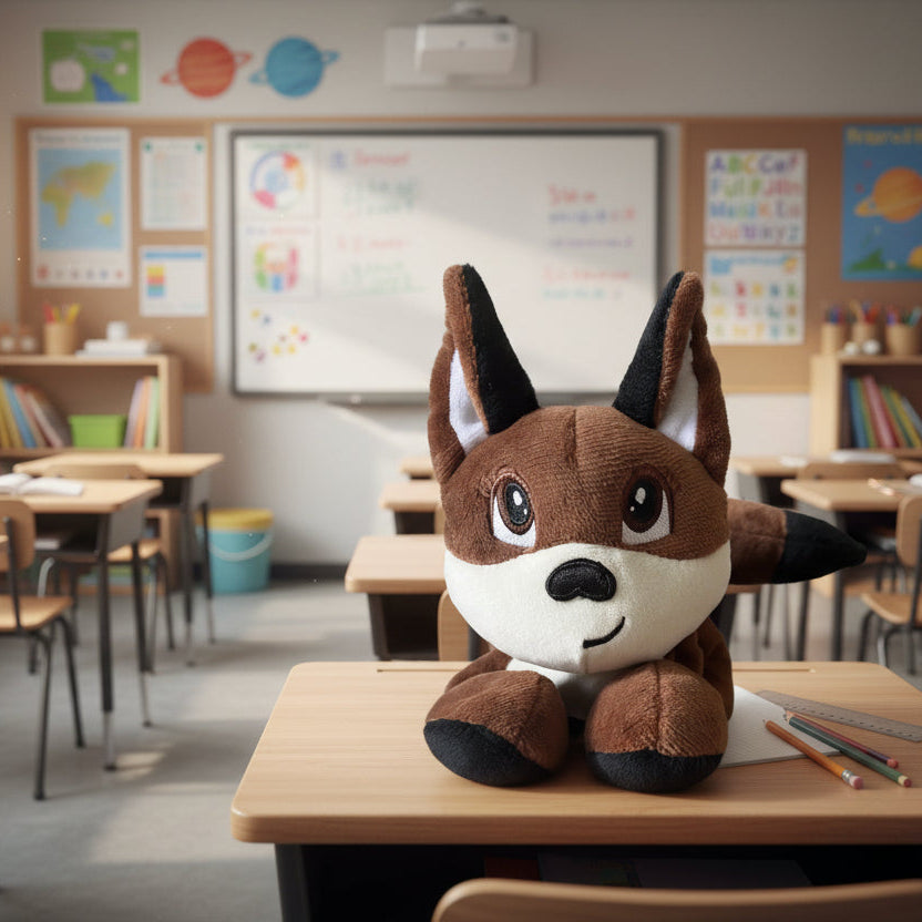 Plush fox supportive little buddy fox sitting on a desk in a classroom setting