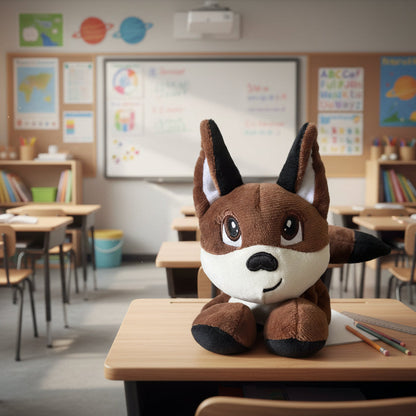 Plush fox supportive little buddy fox sitting on a desk in a classroom setting