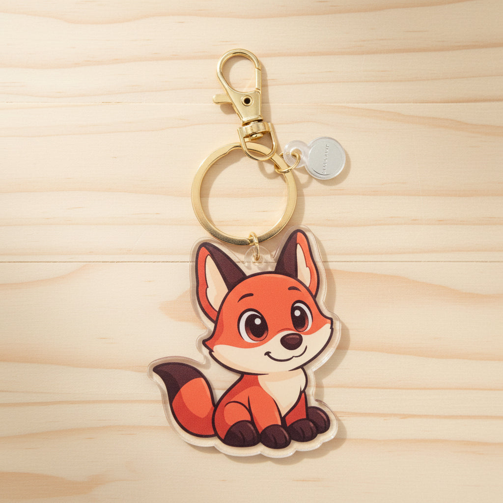 Keychain with a the fox supportive little buddy design on a wood background