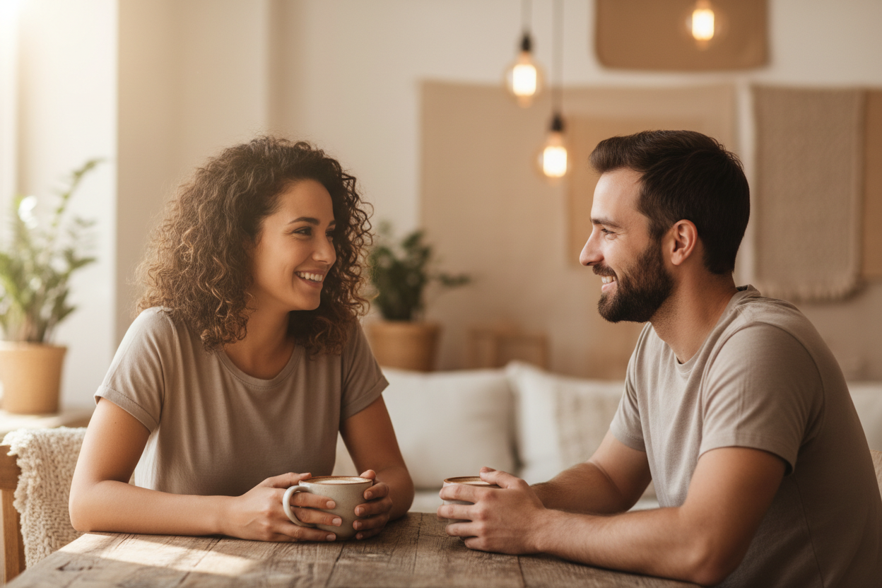 Neutral, warm background having coffee with friend