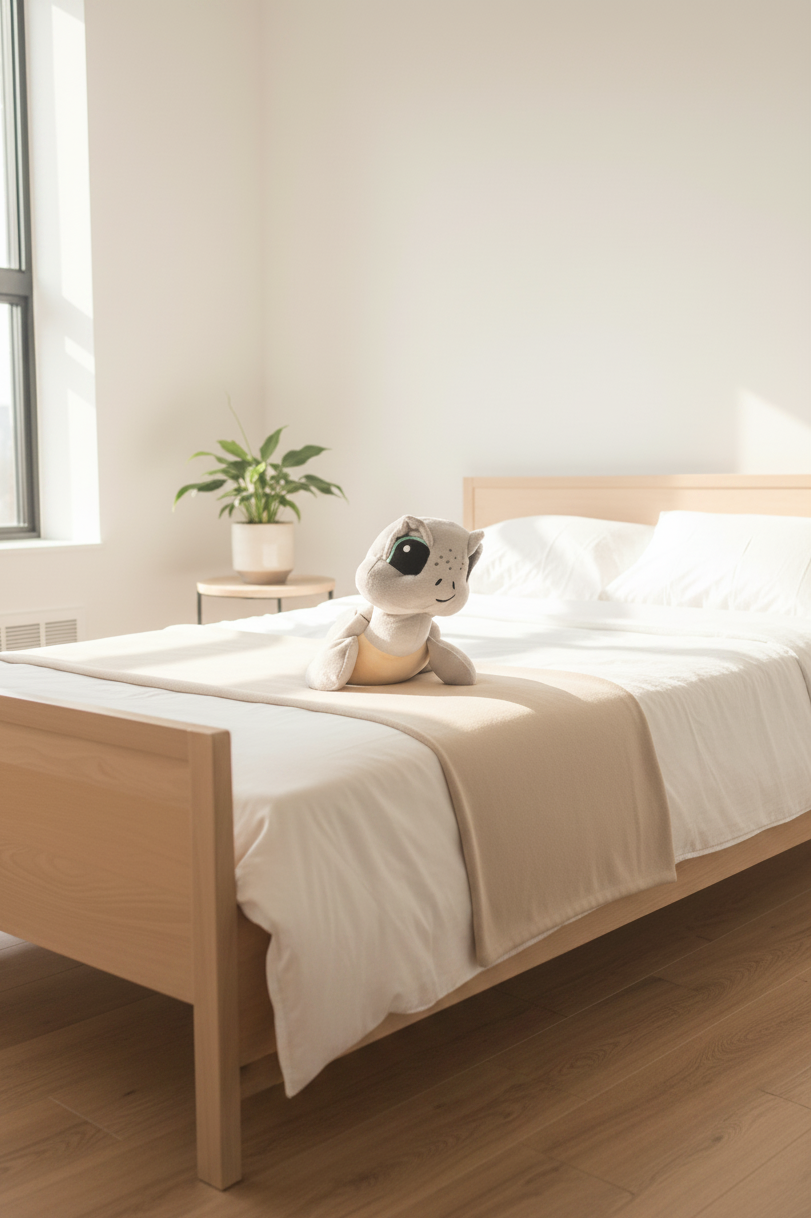 Bedroom with a bed featuring a sea turtle supportive little buddy, white bedding, and a plant on a nightstand.