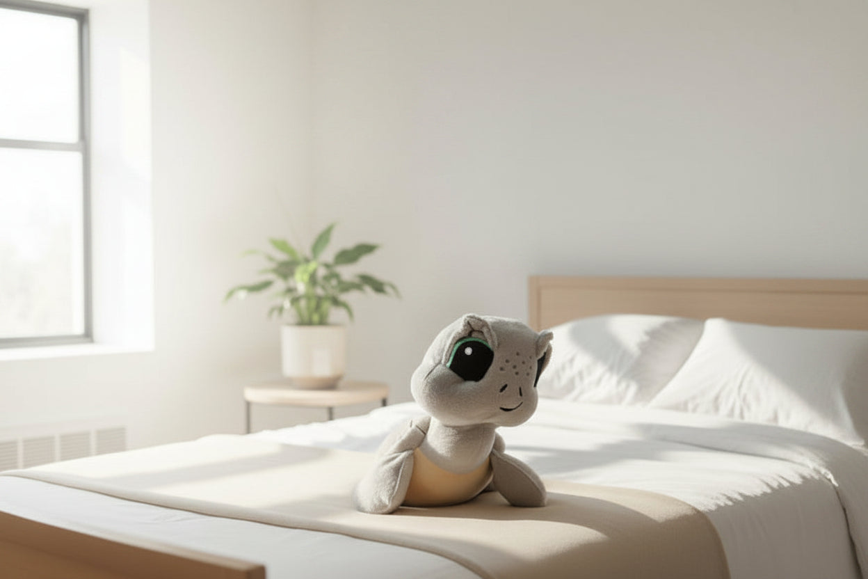 Plush weighted  sea turtle supportive little buddy sitting on hospital bed