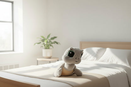 Plush weighted  sea turtle supportive little buddy sitting on hospital bed