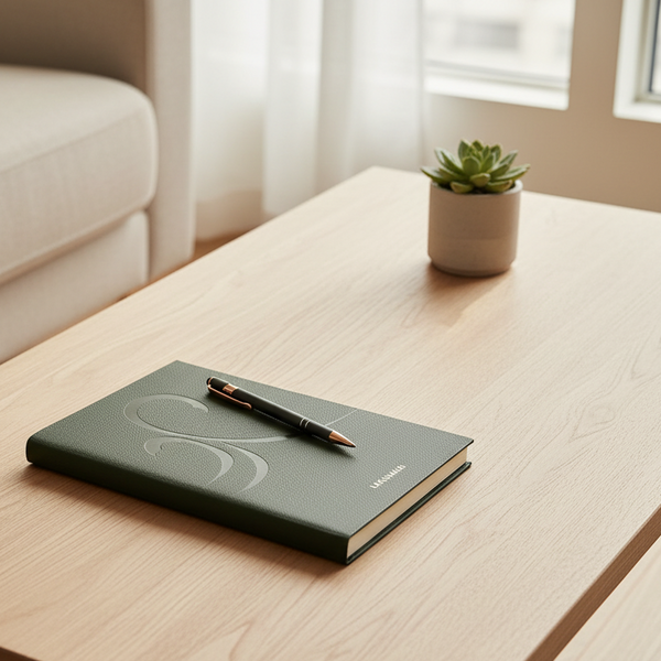Green think it out journal with a pen on a wooden table next to a small potted plant.